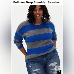 Blue and gray striped Torrid crew neck sweater